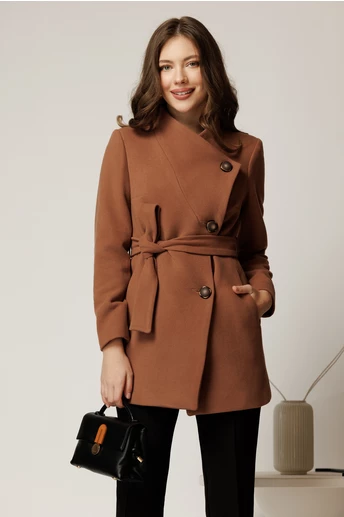 Palton scurt maro camel din stofa cu nasturi si cordon