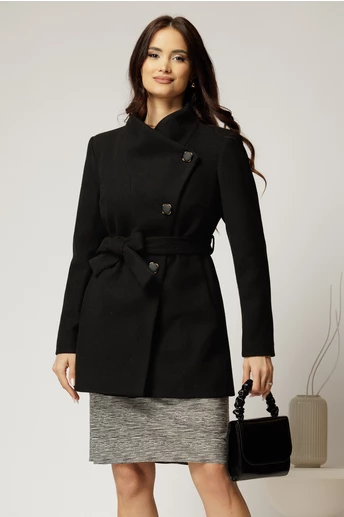 Palton scurt negru din stofa cu nasturi si cordon