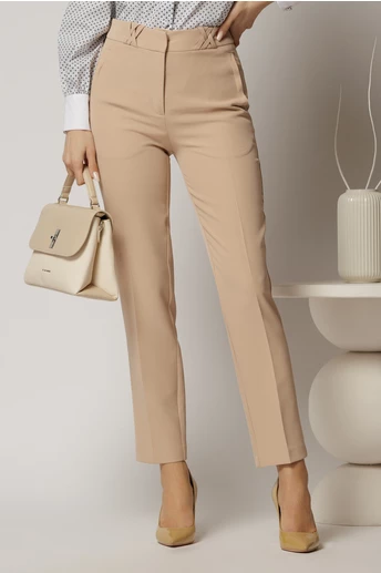 Pantalon DY Fashion bej cu croi conic si gaici impletite