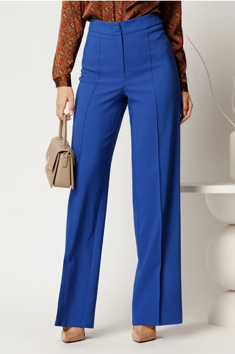 Pantaloni albastri din stofa evazati cu dunga