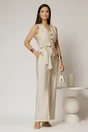Pantaloni bej cu dungi din rayon cu croi lejer si cordon in talie, 1, dyfashion.ro