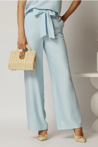 Pantaloni bleu din rayon cu croi lejer si cordon in talie