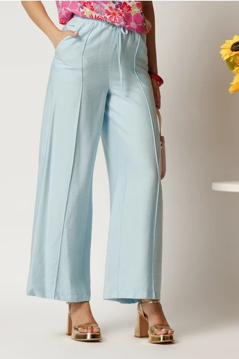 Pantaloni bleu din rayon cu croi lejer si elastic in talie