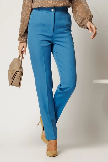Pantaloni bleu din stofa cu croi conic si nasture perlat