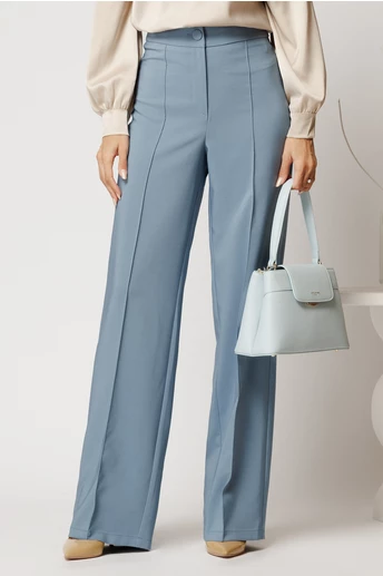 Pantaloni bleu din stofa evazati cu dunga