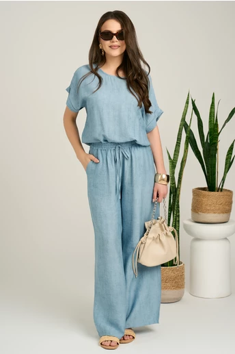 Pantaloni bleu din viscoza cu croi lejer si elastic in talie.