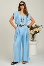 Pantaloni bleu din viscoza evazati cu pliuri si curea in talie, 1, dyfashion.ro