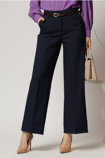 Pantaloni bleumarin din stofa cu croi larg si curea in talie