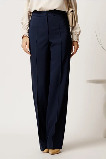 Pantaloni bleumarin din stofa evazati cu dunga