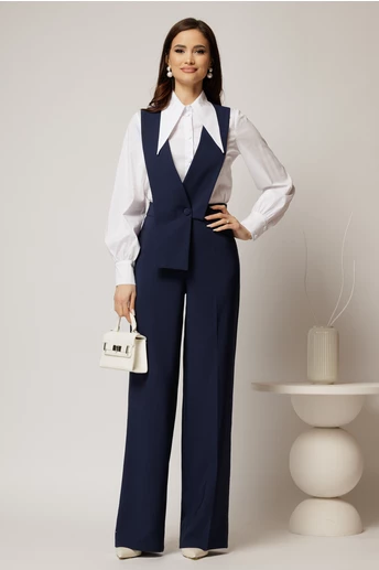 Pantaloni bleumarin evazati cu bretele detasabile