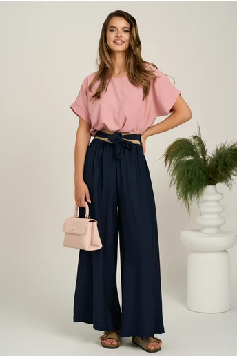 Pantaloni bleumarin evazati din viscoza cu elastic si cordon in talie