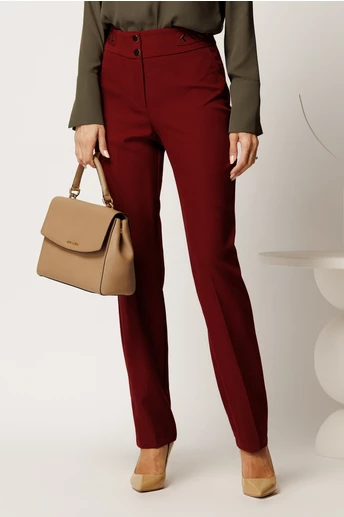 Pantaloni bordo din stofa conici cu aplicatii metalice pe talie