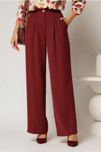 Pantaloni bordo din triplu voal cu pliuri si croi lejer