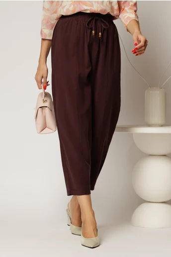 Pantaloni burgundy de zi din tencel cu snur si elastic pe talie