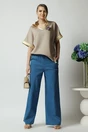 Pantaloni casual din denim albastri evazati cu elastic in talie