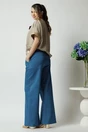 Pantaloni casual din denim albastri evazati cu elastic in talie