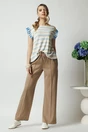 Pantaloni casual din viscoza maro cu elastic si dunga