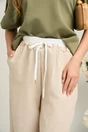 Pantaloni casual vaporosi bej cu banda alba si elastic in talie