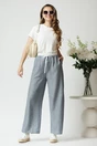 Pantaloni casual vaporosi bleu cu banda alba si elastic in talie