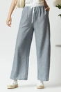 Pantaloni casual vaporosi bleu cu banda alba si elastic in talie