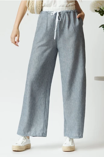 Pantaloni casual vaporosi bleu cu banda alba si elastic in talie