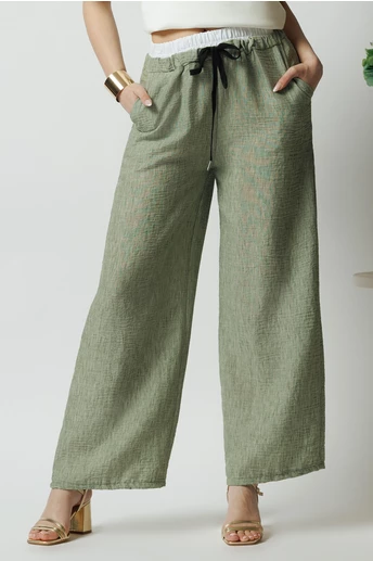 Pantaloni casual vaporosi kaki cu banda alba si elastic in talie