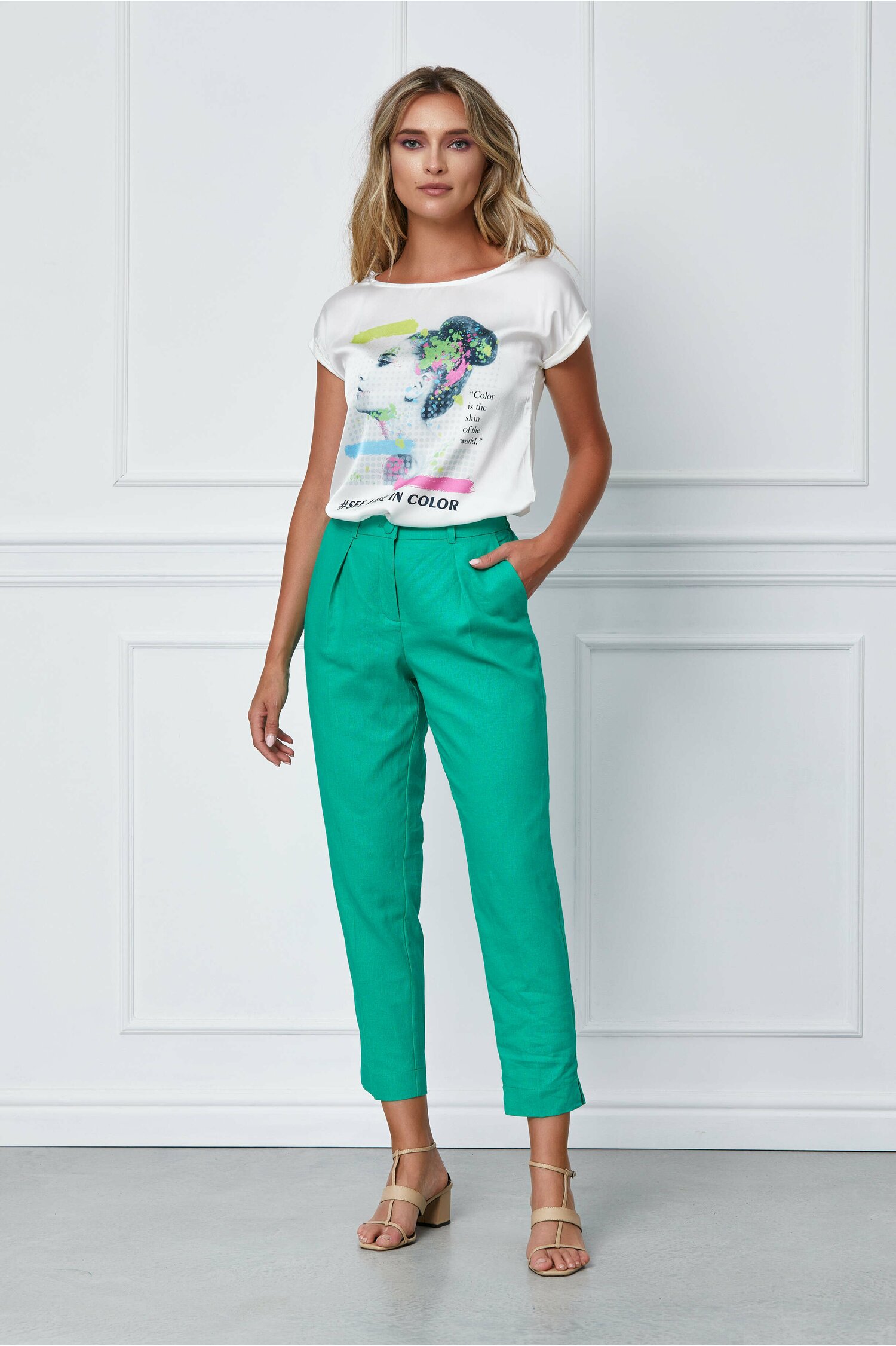 Pantaloni Dafina verzi din in dyfashion.ro