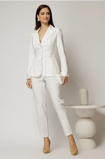 Pantaloni dama albi cu croi conic si inchidere cu fermoar si copca