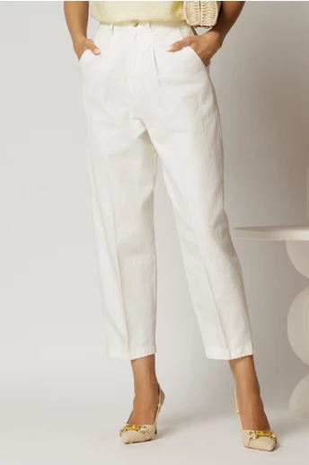 Pantaloni dama albi din bumbac cu croi tip balon