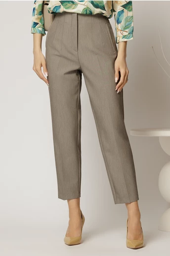Pantaloni dama gri cu croi conic si pense pe talie