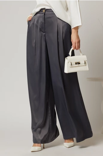 Pantaloni dama gri din satin cu croi larg