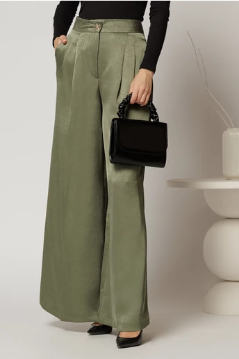 Pantaloni dama kaki din satin cu croi larg