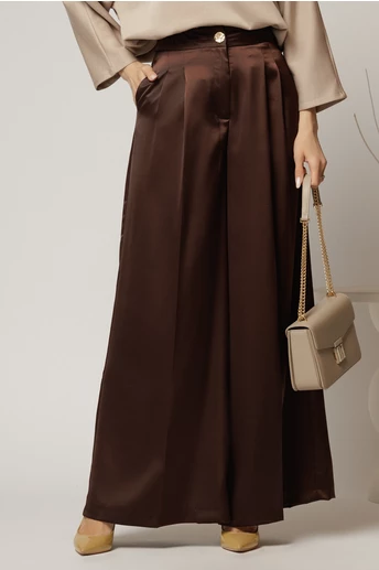 Pantaloni dama maro din satin cu croi larg