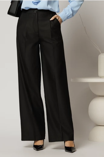 Pantaloni dama negri casual office cu croi larg si pliuri din talie