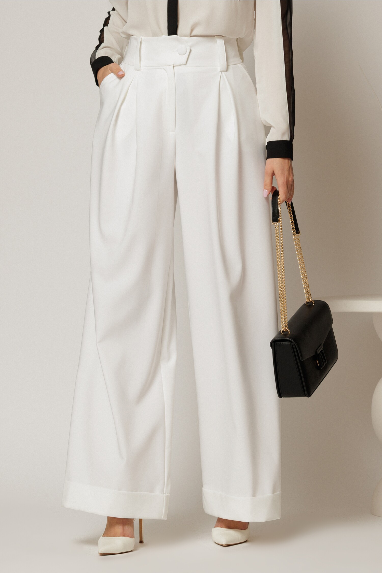 Pantaloni DY Fashion albi cu croi lejer si talie lata