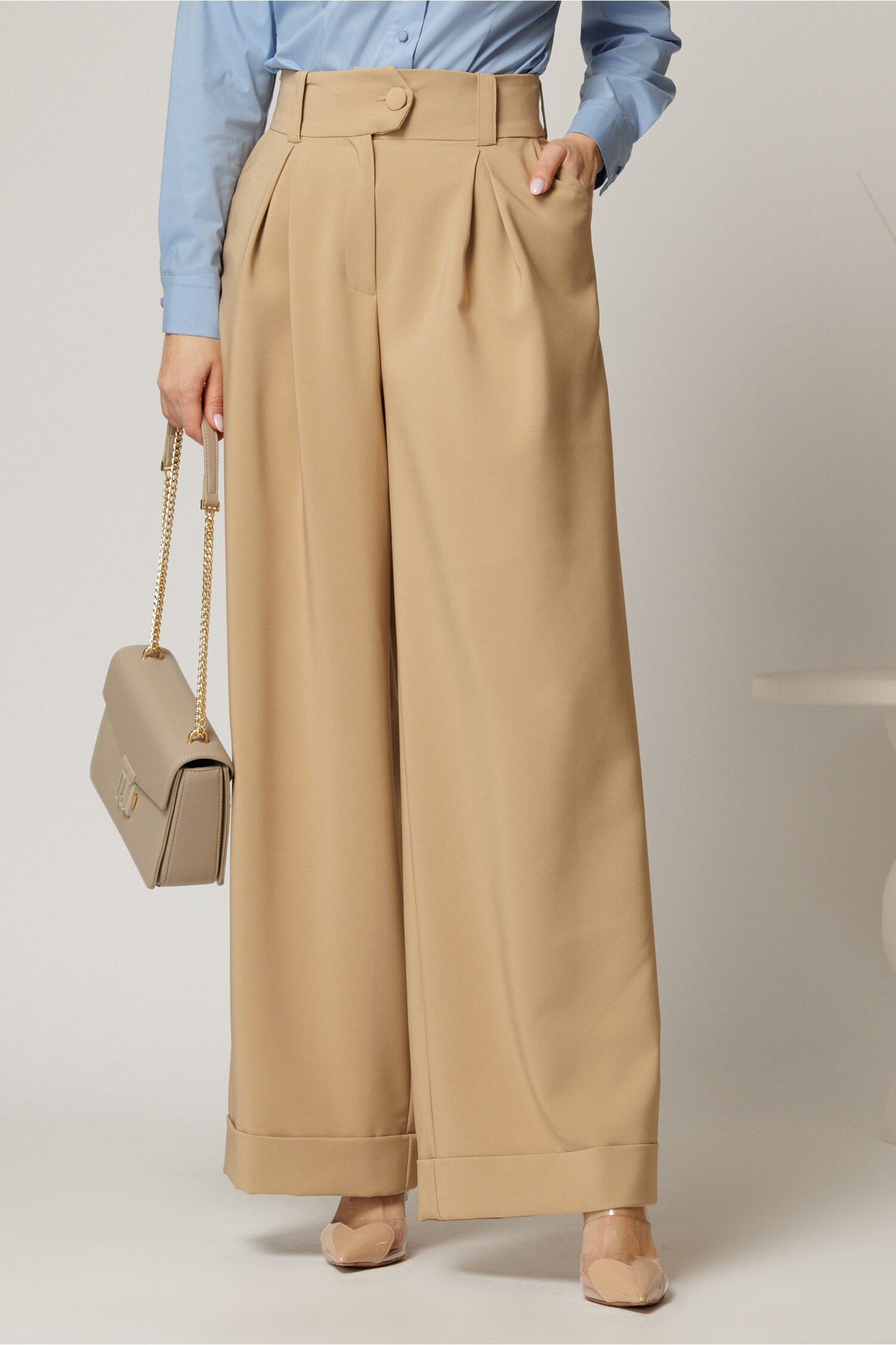 Pantaloni DY Fashion bej cu croi lejer si talie lata