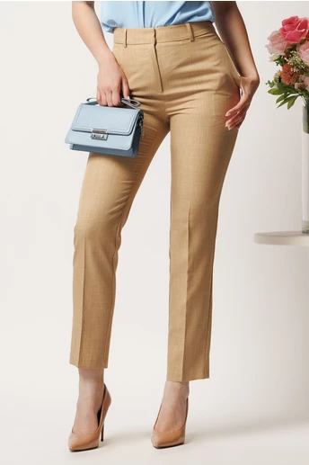 Pantaloni DY Fashion bej din stofa conici cu dunga si buzunare