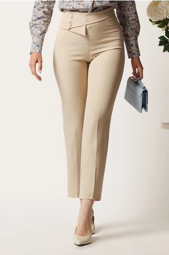 Pantaloni DY Fashion bej din stofa conici cu talie inalta si betelie petrecuta