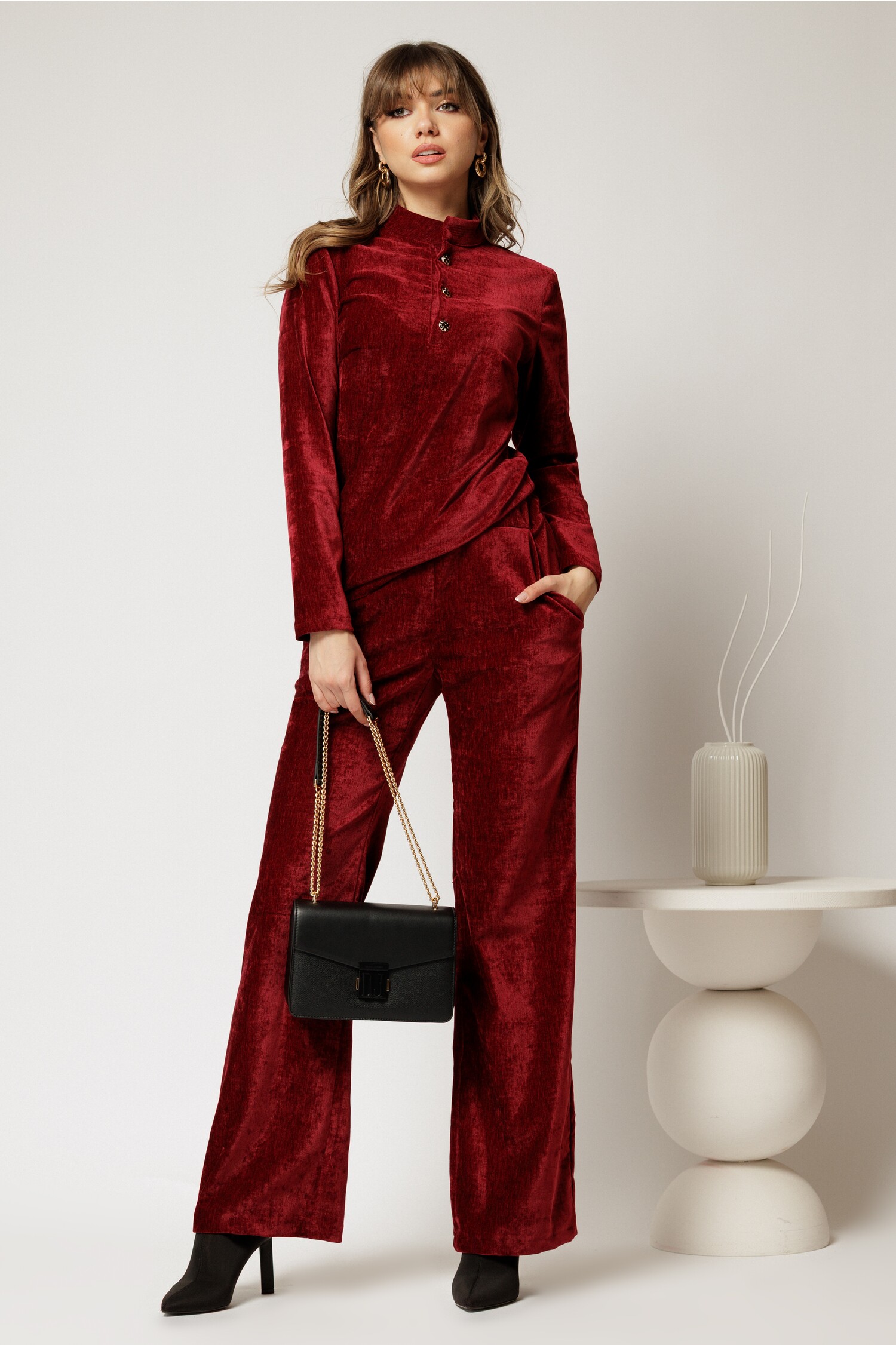 Pantaloni DY Fashion bordo din catifea velurata casual eleganti