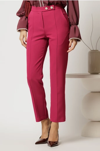 Pantaloni DY Fashion fucsia conici din stofa cu nasturi eleganti