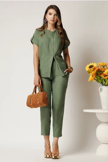 Pantaloni DY Fashion kaki din material vaporos cu elastic in talie si buzunare