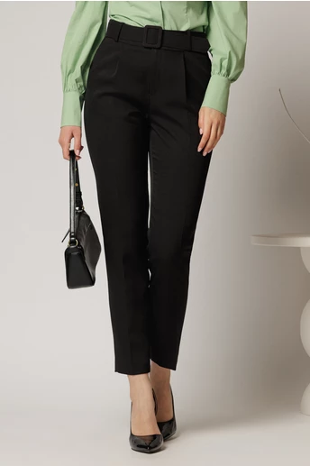 Pantaloni DY Fashion negri cu croi conic si curea in talie