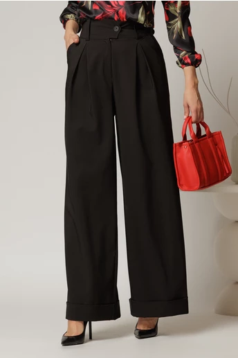 Pantaloni DY Fashion negri cu croi lejer si talie lata