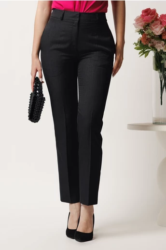 Pantaloni DY Fashion negri din stofa conici cu dunga si buzunare