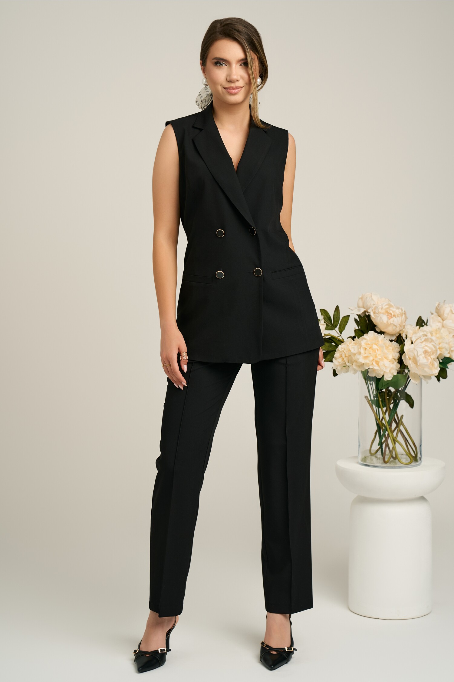 Pantaloni DY Fashion office din stofa negri cu dunga