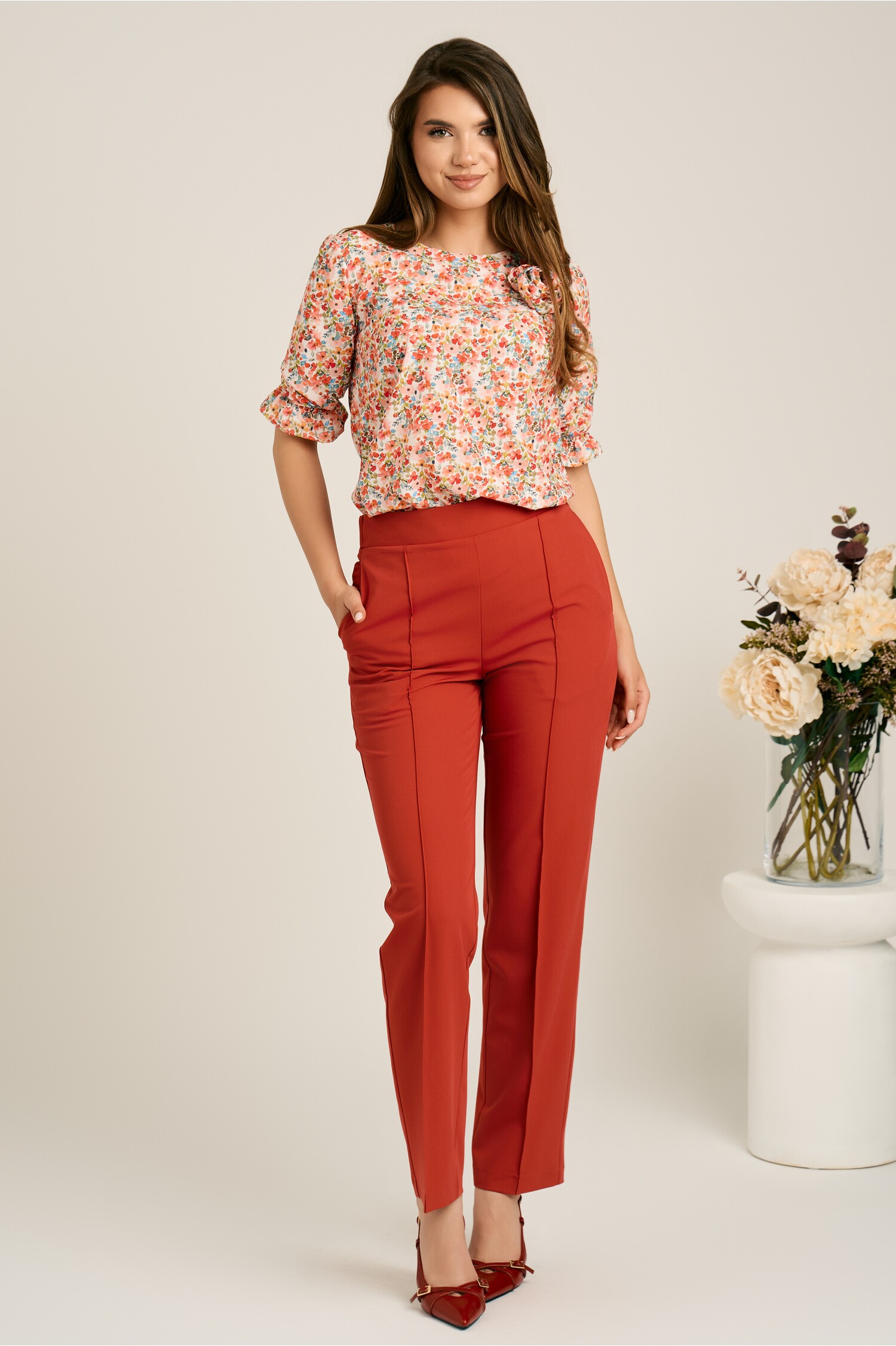 Pantaloni DY Fashion office din stofa rosii cu dunga