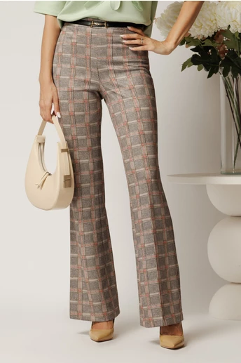 Pantaloni DY Fashion office evazati din stofa catifelata gri cu carouri si accesoriu in talie