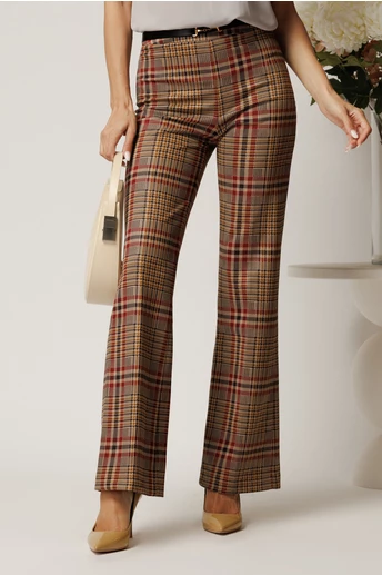 Pantaloni DY Fashion office evazati din stofa catifelata maro cu carouri bordo si accesoriu in talie