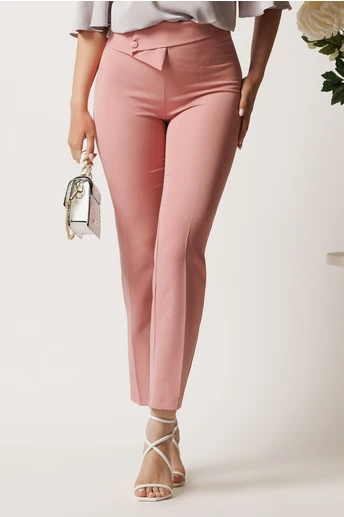 Pantaloni DY Fashion roz din stofa conici cu talie inalta si betelie petrecuta