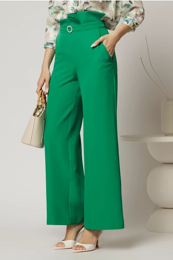 Pantaloni DY Fashion verzi cu croi evazat si catarama in talie